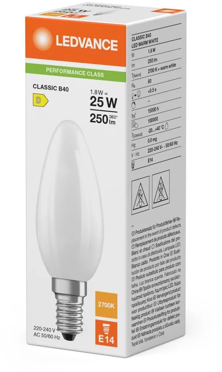 LEDVANCE LED Filament Kaarslamp E14 1.8W 250lm - Mat Glas