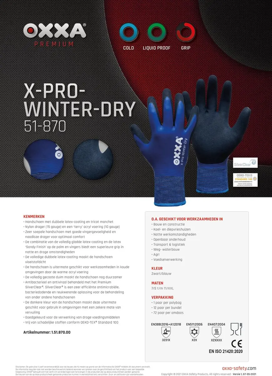 Oxxa Premium X-Pro-Winter-Dry Handschoen M - 6 Paar - Zwart/Blauw