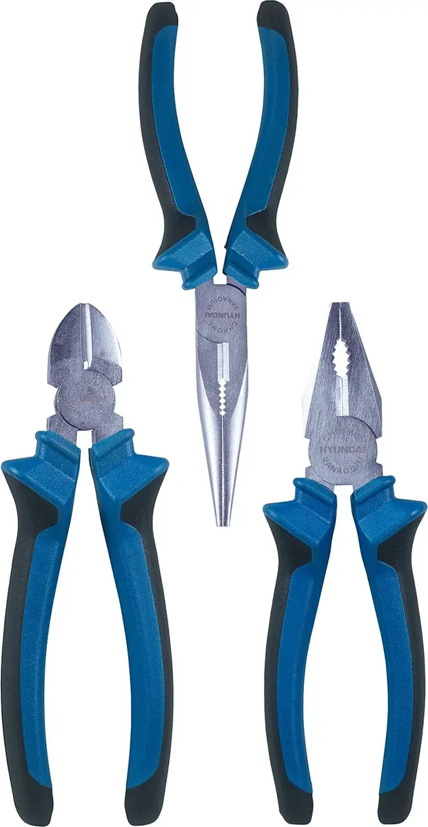 Hyundai Tangenset 3-delig - Punttang, Zijkniptang, Combinatietang - Zilver/Blauw/Zwart