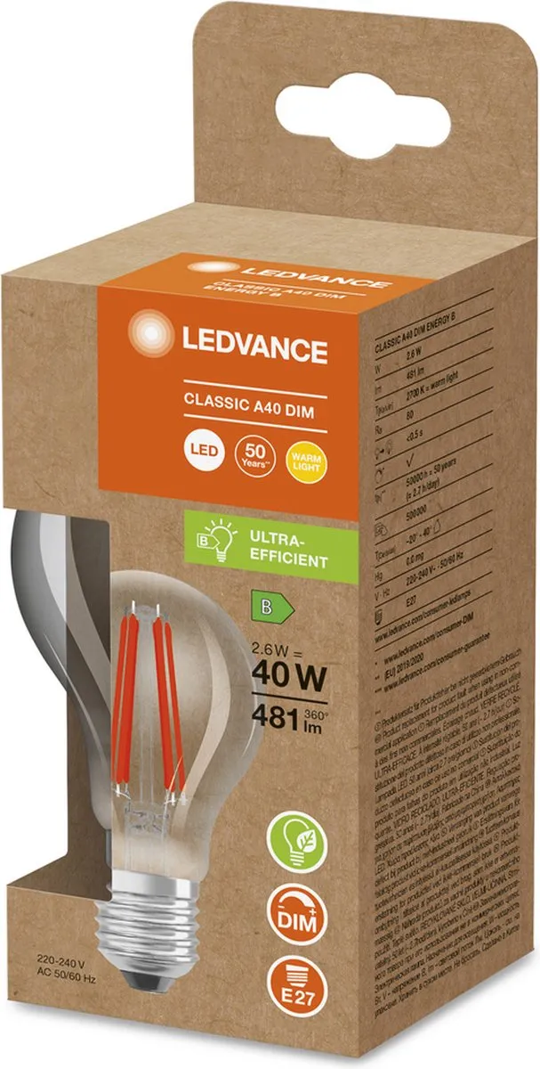 LEDVANCE Classic Superior E27 Peer Filament 2.6W - 481lm Zeer Warm Wit