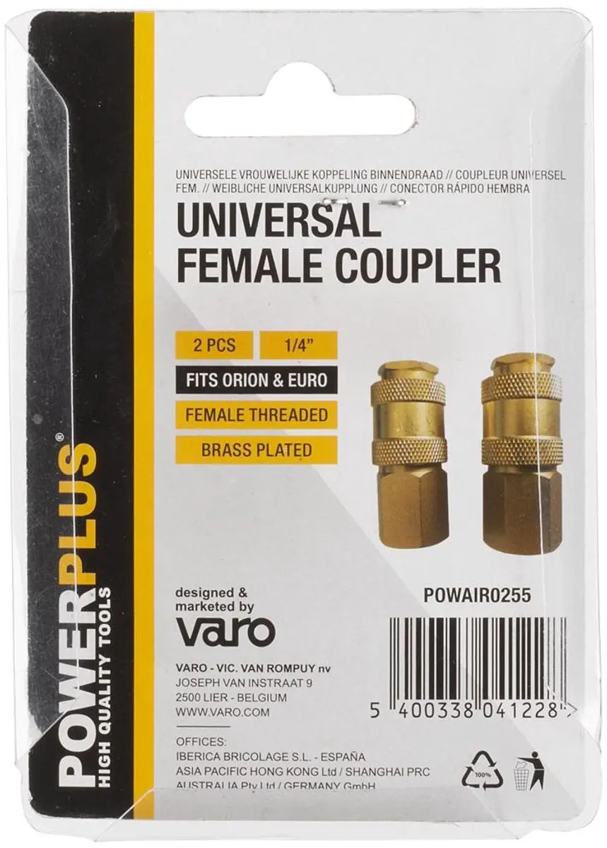 Powerplus POWAIR0255 Universele Snelkoppeling 1/4" - 2 Stuks - Koper