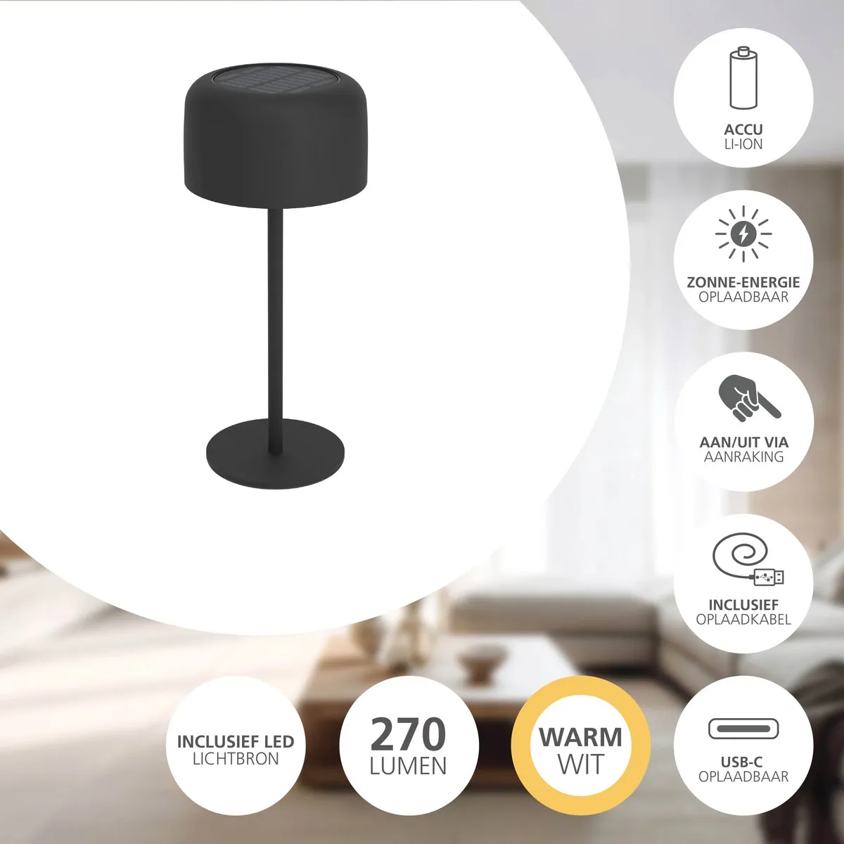 Eglo Roccanova Tafellamp Zwart - Oplaadbaar 22u - Solar - afbeelding 6 van 6