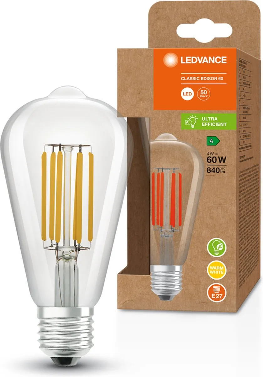 LEDVANCE LED Spaarlamp E27 Warm Wit 4W - Helder Glas - afbeelding 4 van 6