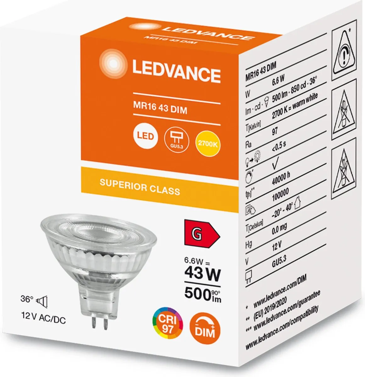 LEDVANCE Superior LED Spot MR16 6.6W 500lm - 36° - 927 Warm Wit