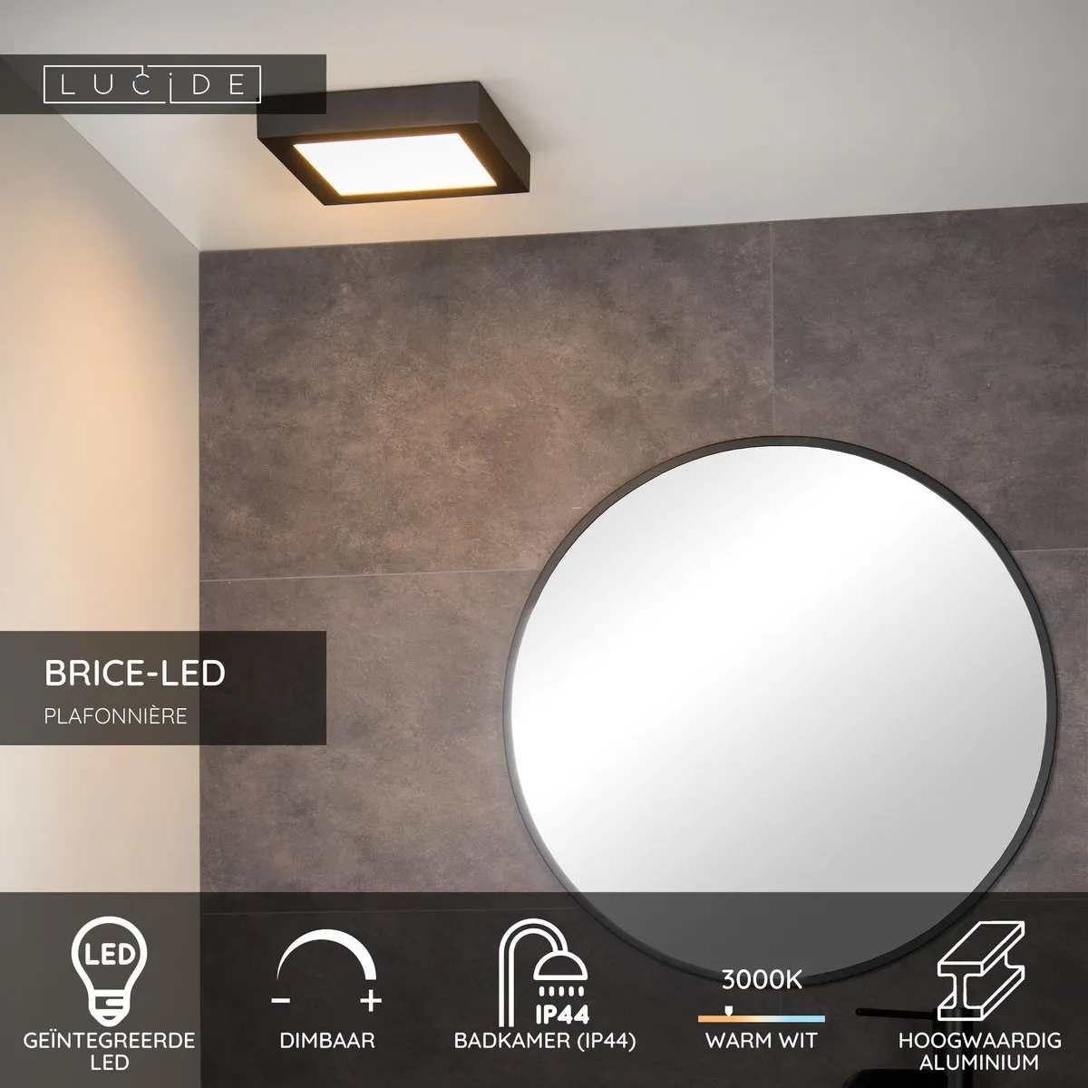 Lucide BRICE-LED Plafondlamp Badkamer - 22W 3000K IP44 - Zwart