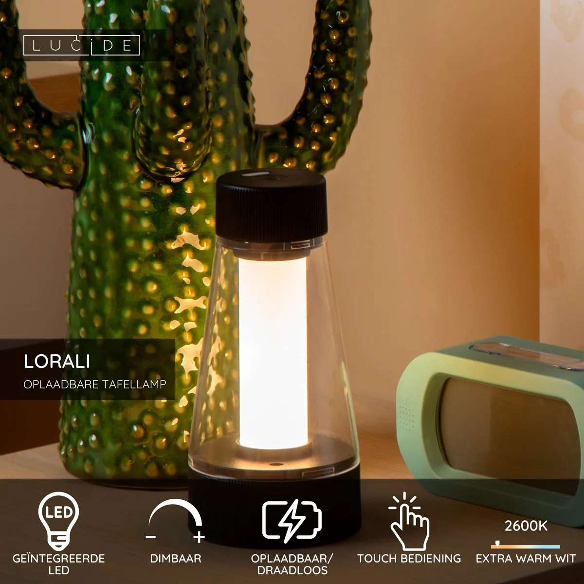 Lucide LORALI Oplaadbare Tafellamp - Ø7,7cm LED 2600K/3000K - Zwart