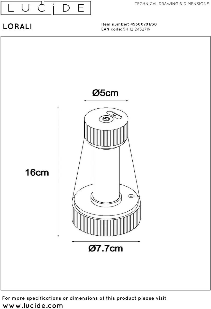 Lucide LORALI Oplaadbare Tafellamp - Ø7,7cm LED 2600K/3000K - Zwart - afbeelding 6 van 6