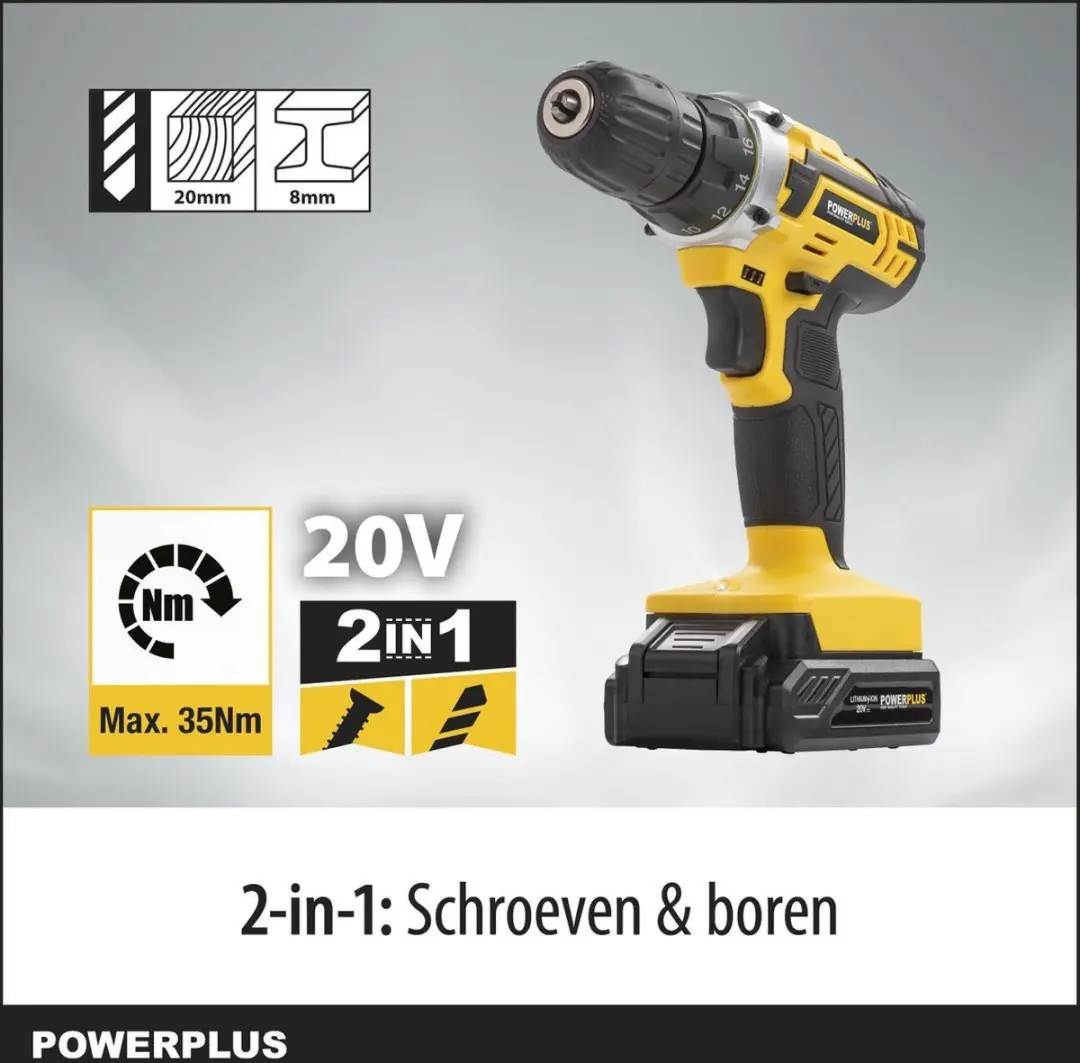 Powerplus POWX00830 Accuboormachine 20V - 2 snelheden - 2x 1300mAh