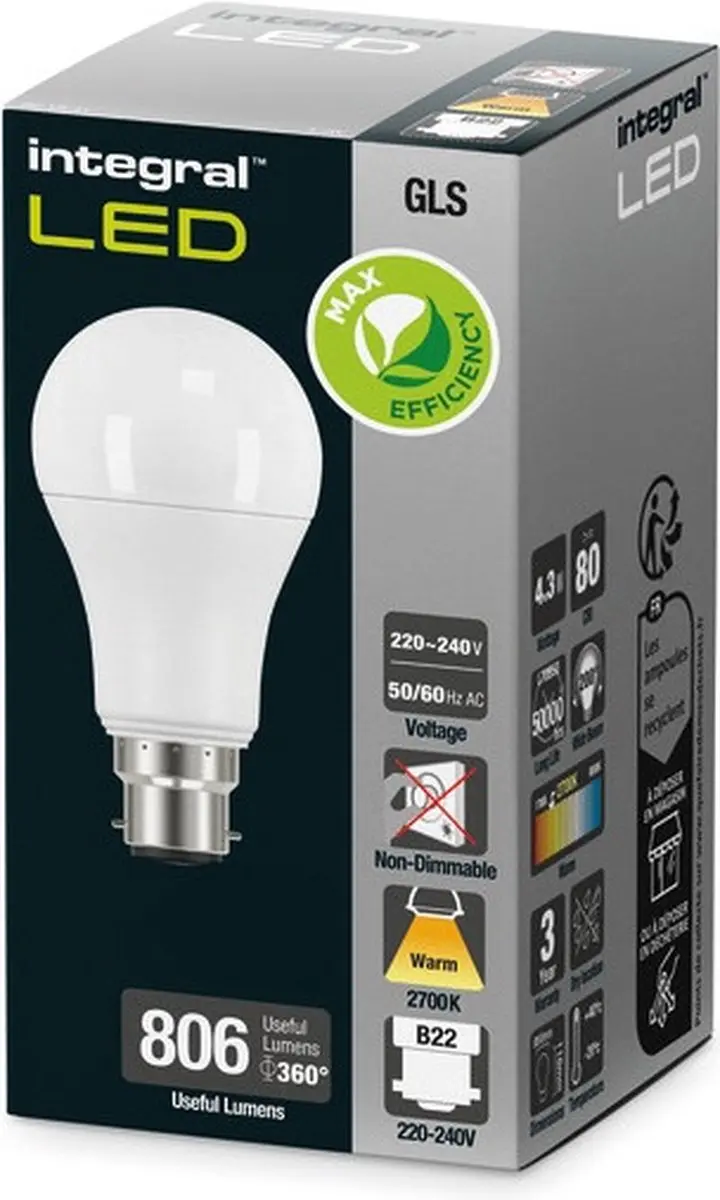 Integral LED Lamp B22 4.3W A60 Mat - 806lm Warm Wit