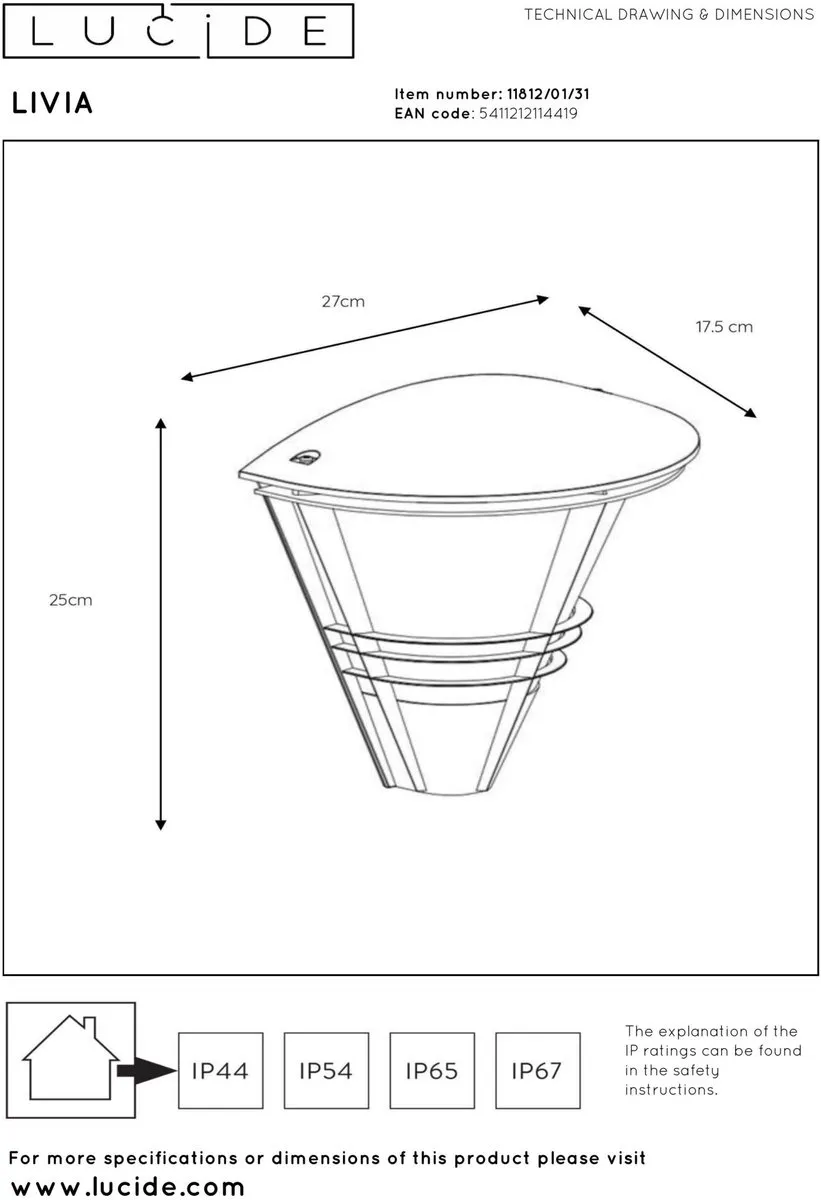 Lucide LIVIA Wandlamp E27 IP44 - Wit - afbeelding 6 van 6