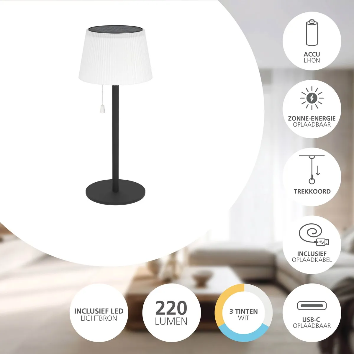 Eglo Scordiano Oplaadbare Tafellamp - Zwart - 22u - Solar - afbeelding 6 van 6