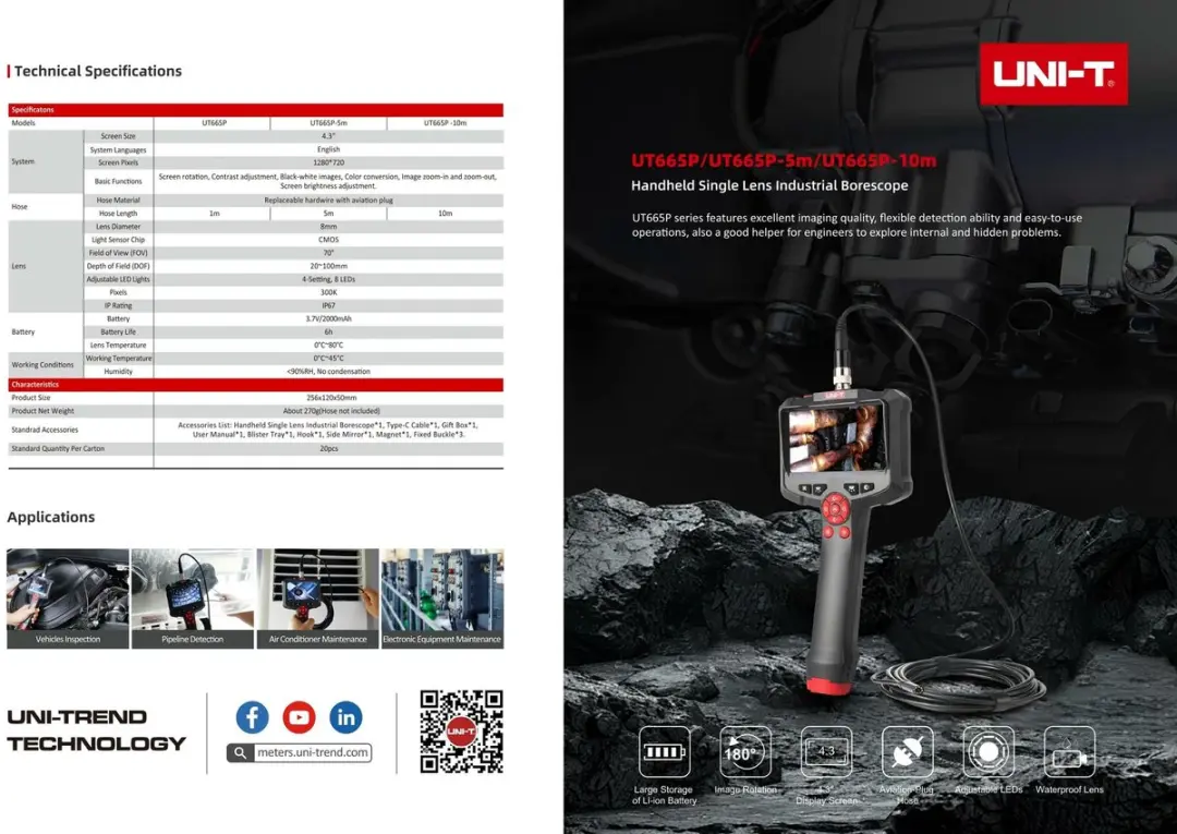 UNI-T UT665P Industriële Endoscoop 5m - 4.3" HD - 8mm - Zwart