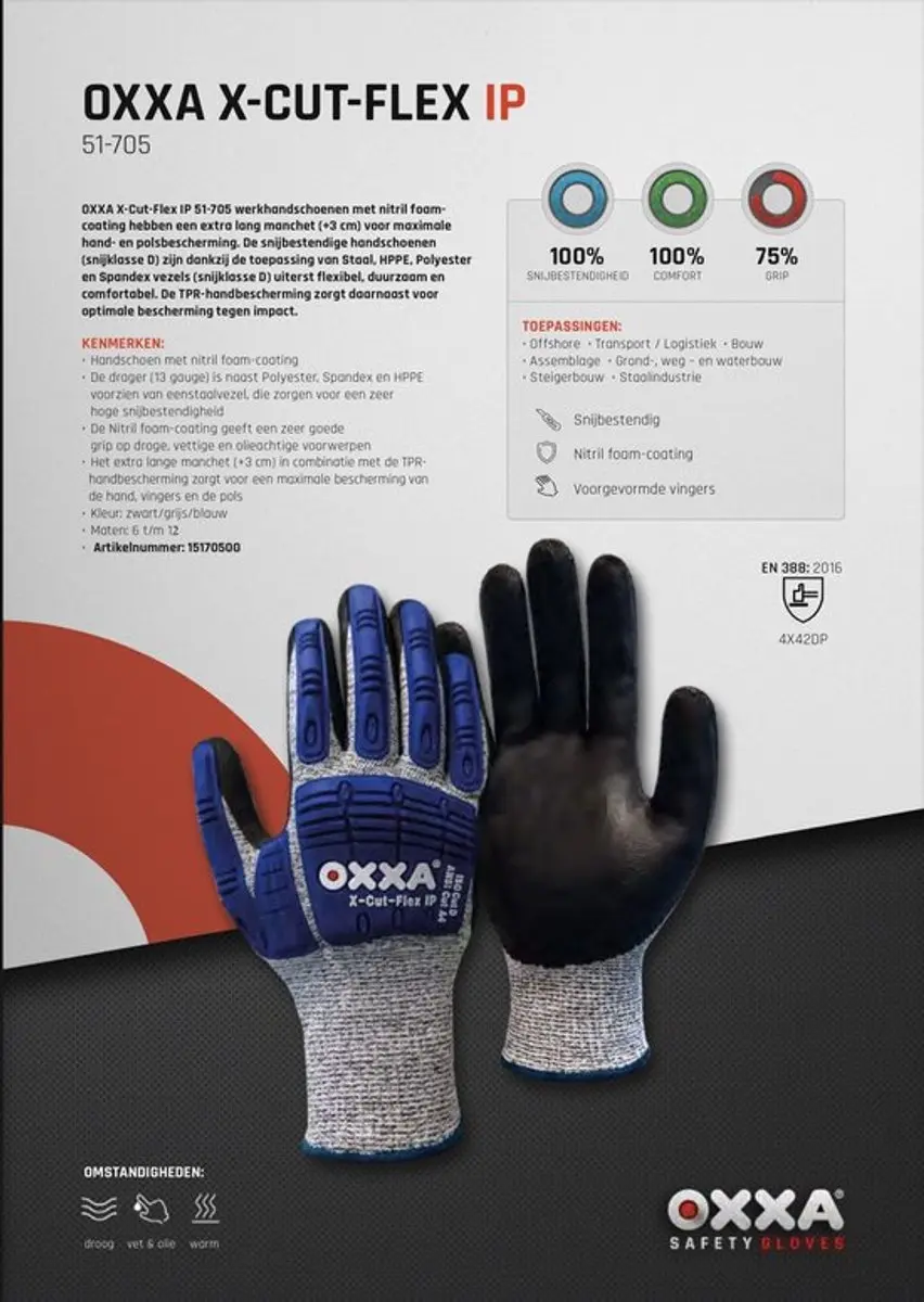 Oxxa X-Cut-Flex 51-705 Werkhandschoenen XXL - Snijbestendig Klasse D
