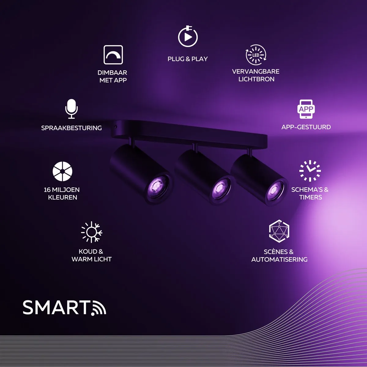 Calex Smart Plafondlamp 3-Lichts RGBW - 2200K - Zwart