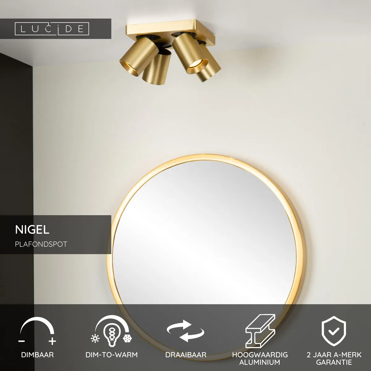 Lucide Nigel Plafondspot LED GU10 4x5W 2200K/3000K - Mat Goud
