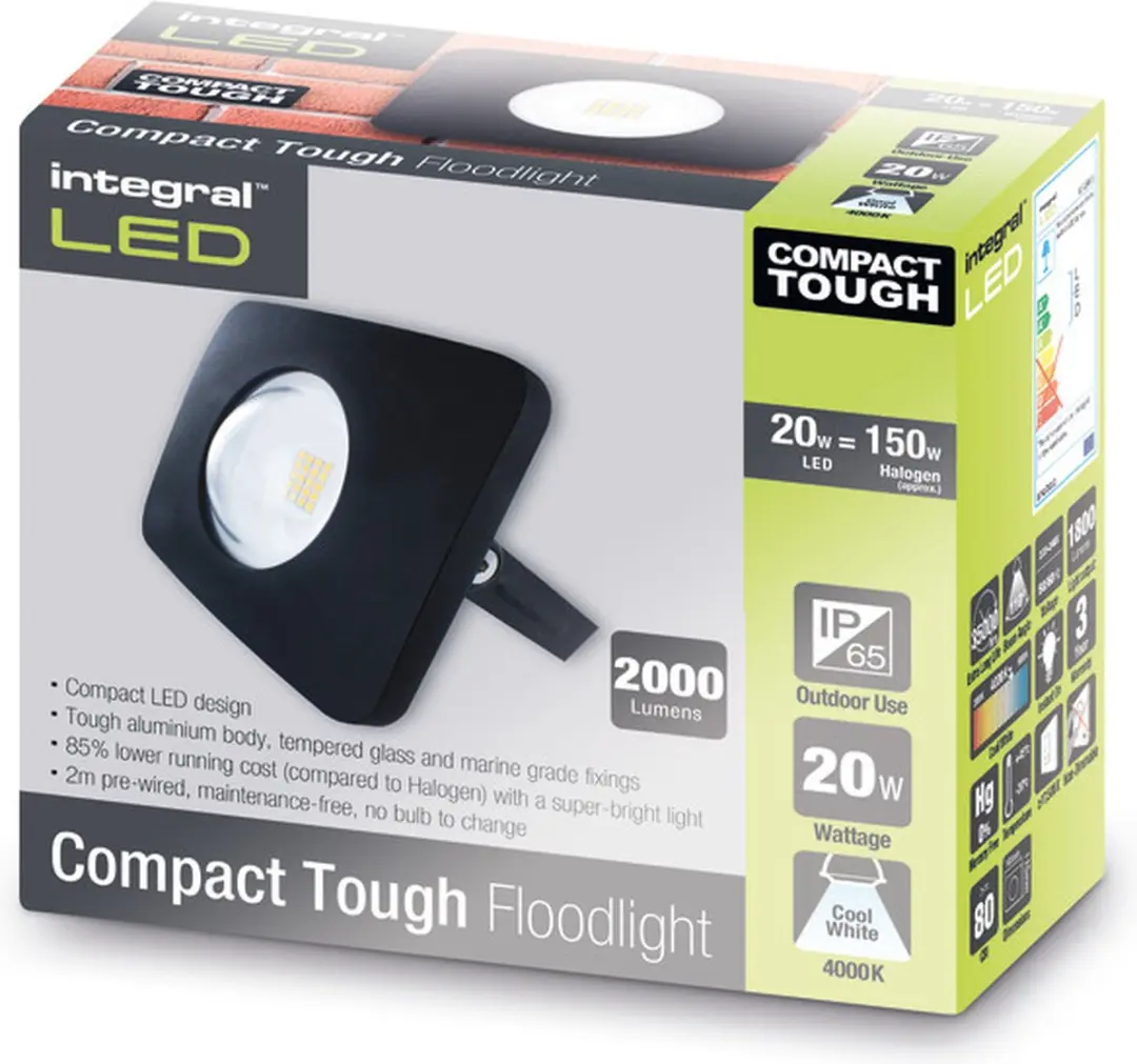 Integral LED Bouwlamp 20W 4000K - 2000lm Mat Zwart IP65