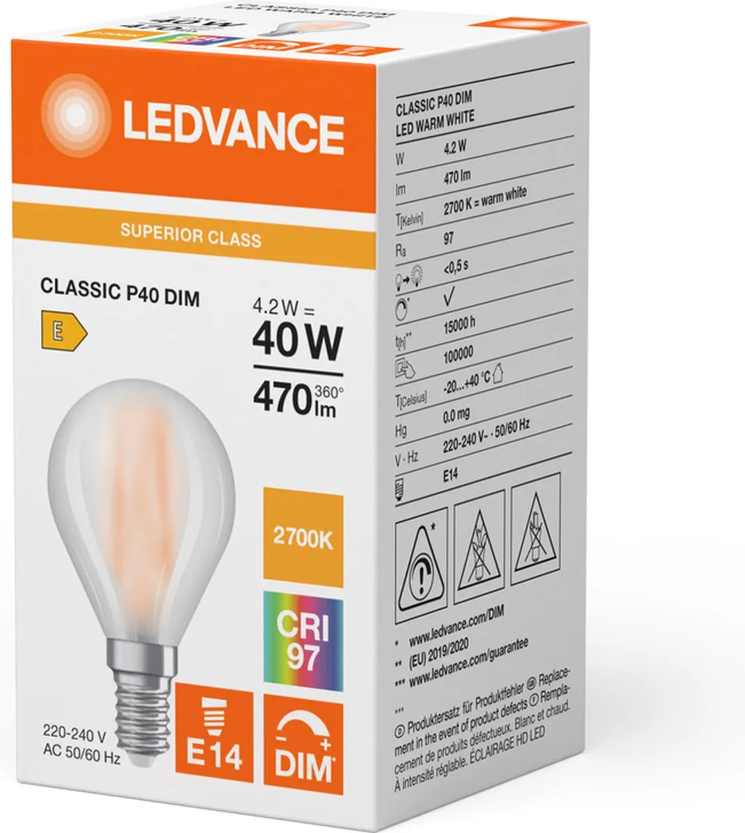 LEDVANCE Classic Superior LED E14 Peer Filament 4.2W 470lm - Mat - 2700K