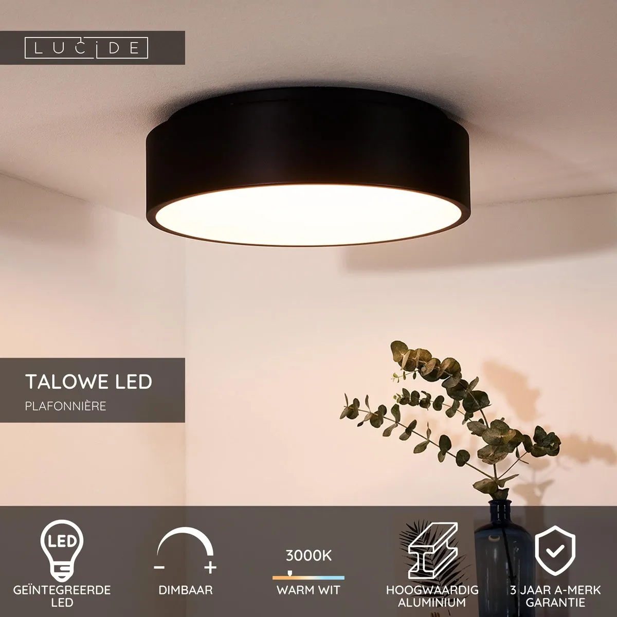 Lucide TALOWE LED Plafondlamp Ø45,5cm - 30W 3000K - Zwart