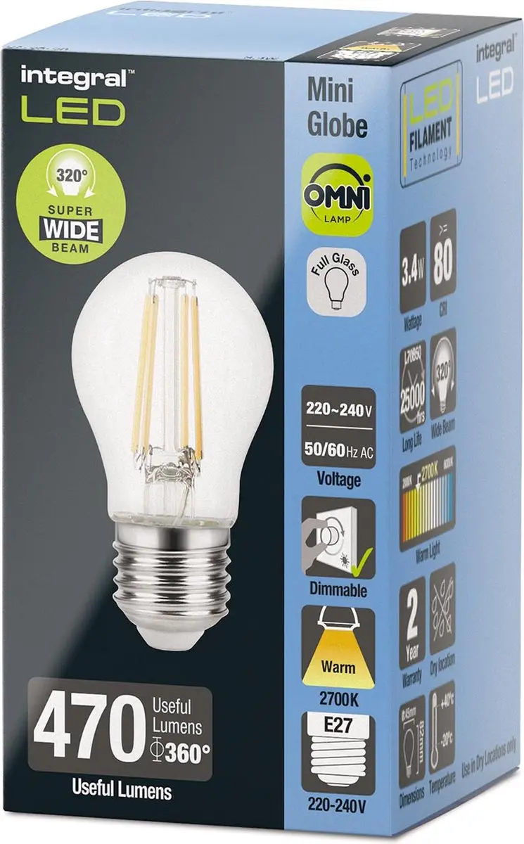 Integral Kogellamp E27 3.4W Extra Warm Wit