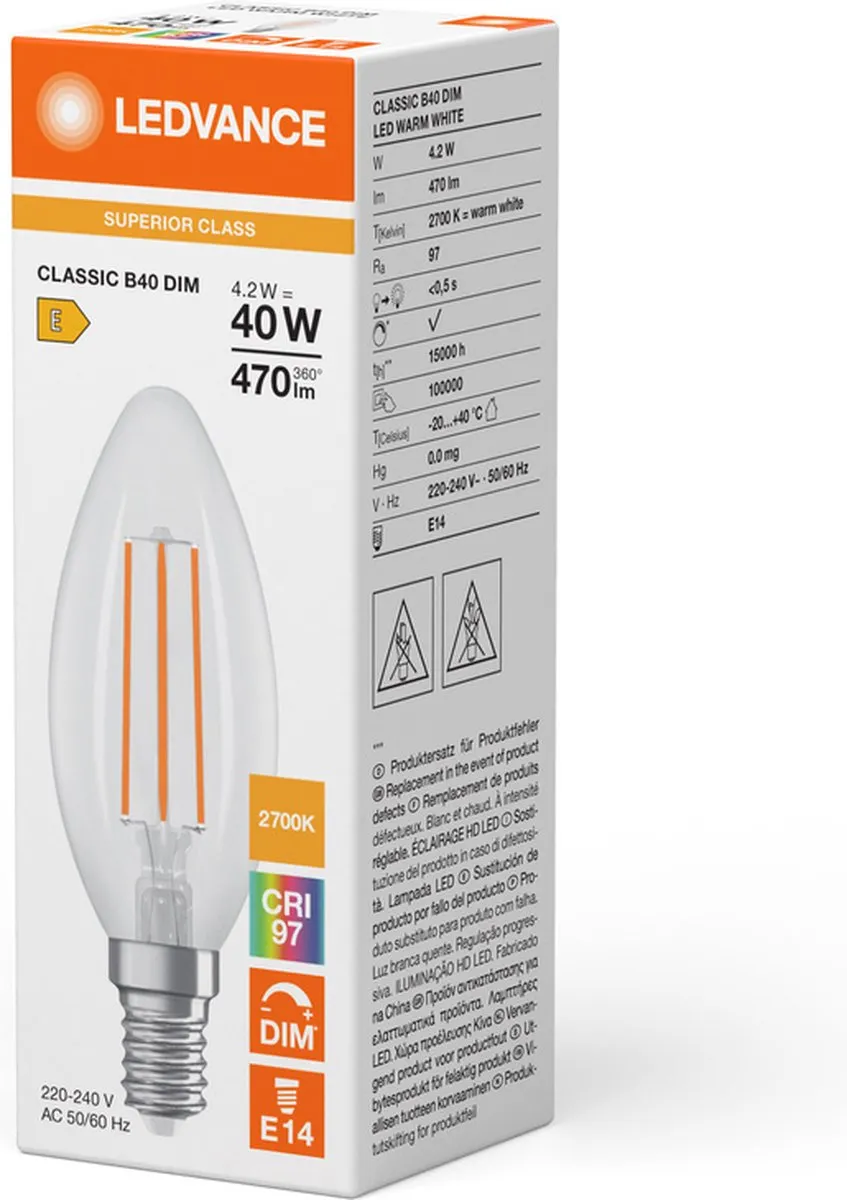LEDVANCE Classic E14 Kaarslamp 4.2W 470lm - Zeer Warm Wit - afbeelding 4 van 6