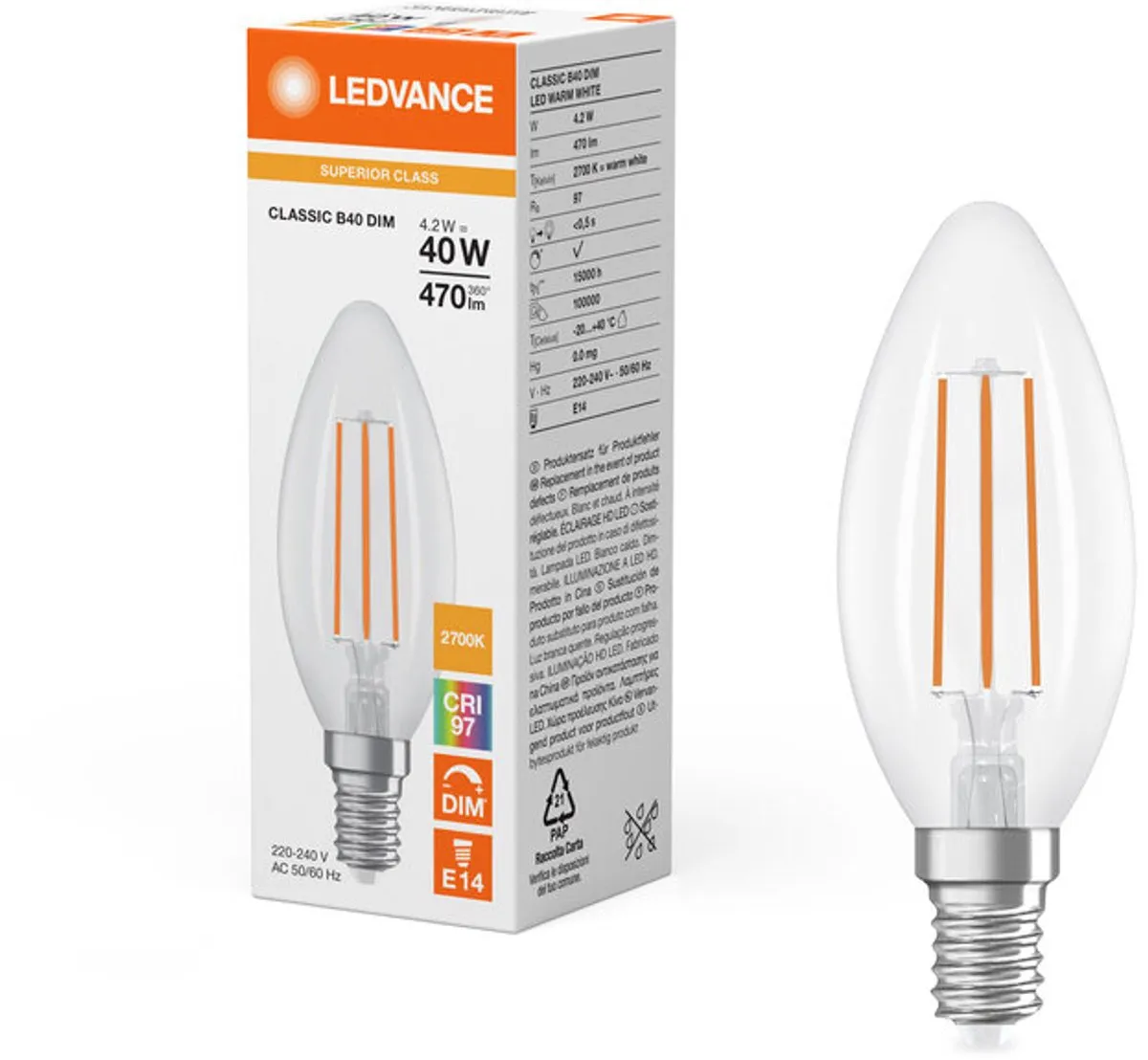 LEDVANCE Classic E14 Kaarslamp 4.2W 470lm - Zeer Warm Wit - afbeelding 6 van 6