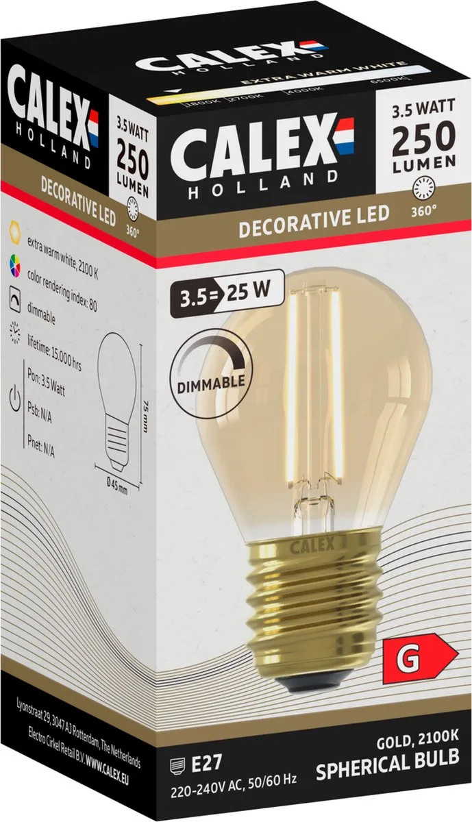 Calex Filament LED Lamp E27 P45 Goud 3.5W - Dimbaar