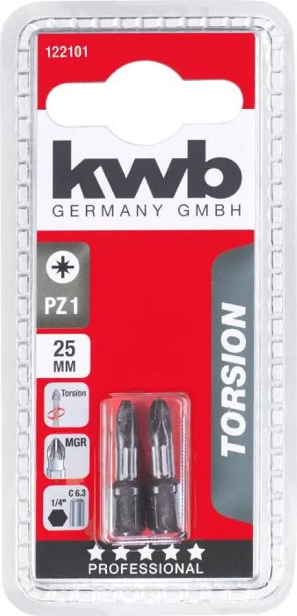 KWB Schroefbit PZ1 Torsion 25mm - 1/4" - 2 Stuks