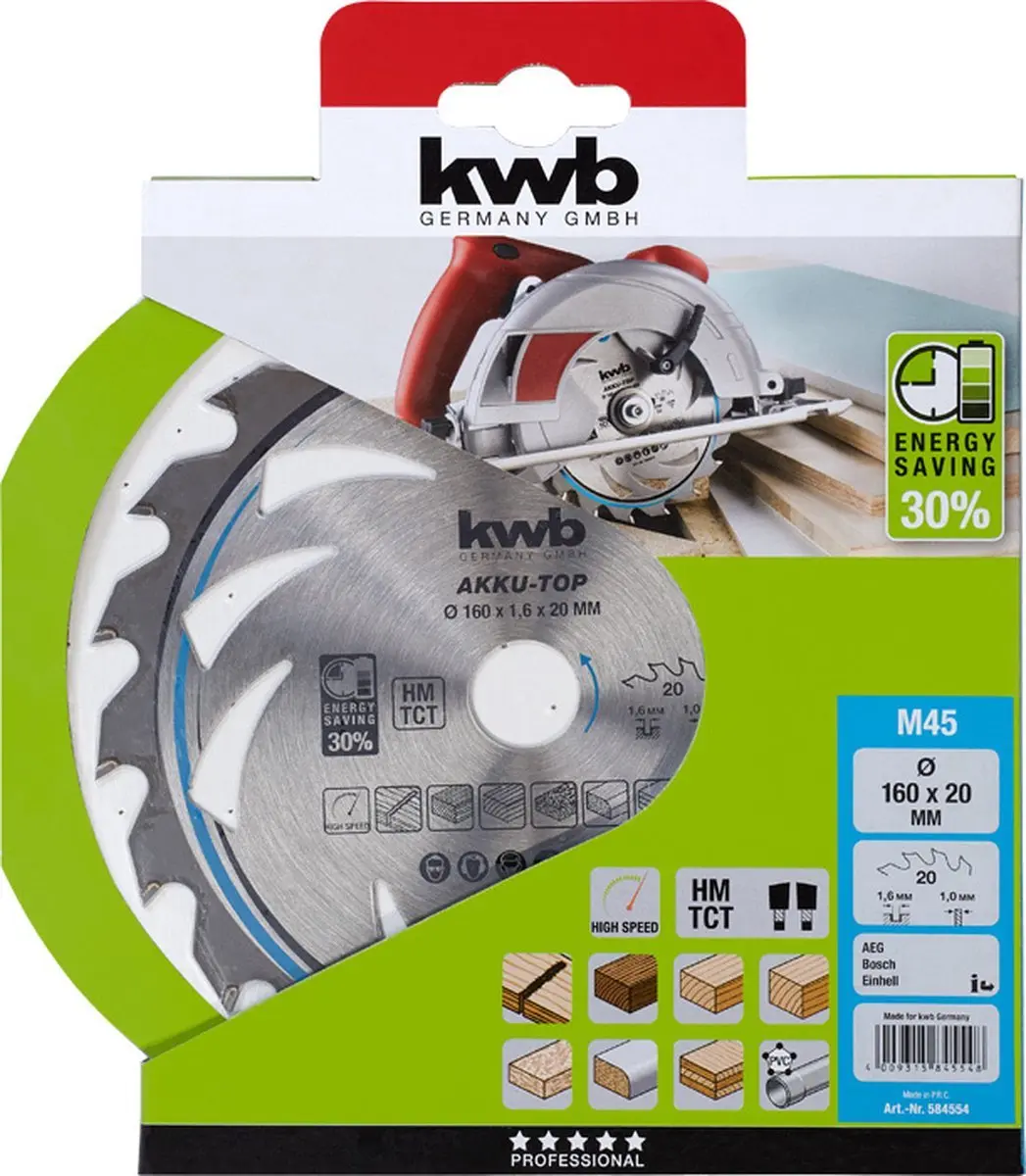 KWB 584154 Hardmetaal-cirkelzaagblad Metaal 20 Tanden