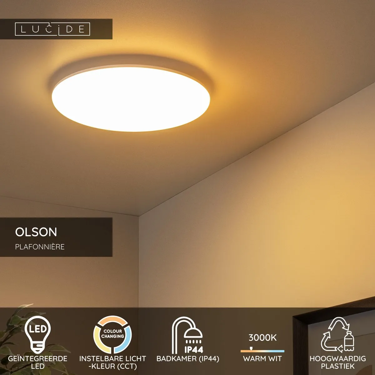 Lucide OLSON Plafondlamp Badkamer Ø35cm LED CCT 3000K/6500K - Opaal