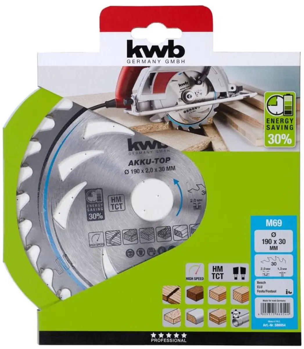 KWB 586954 Hardmetaal-cirkelzaagblad 190x30x1.3mm - 30 Tanden - Metaal