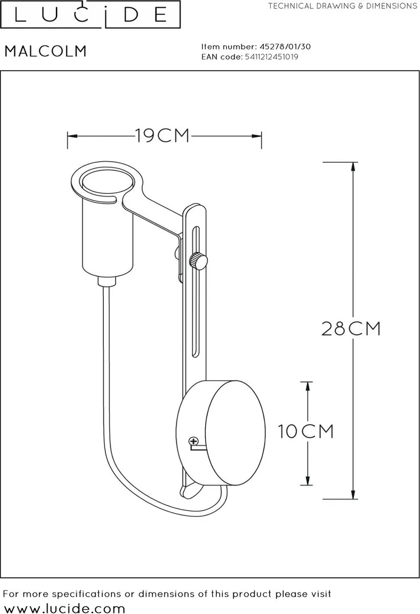 Lucide Malcolm Wandlamp E27 - Zwart