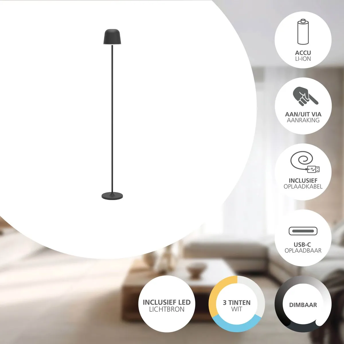 Eglo Mannera-L Staande Lamp 140cm - Oplaadbaar Zwart/Wit