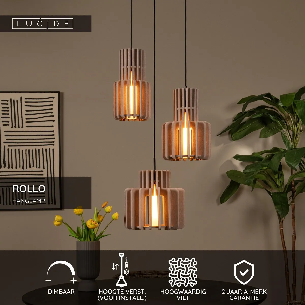 Lucide Rollo Hanglamp 3xE27 - Taupe
