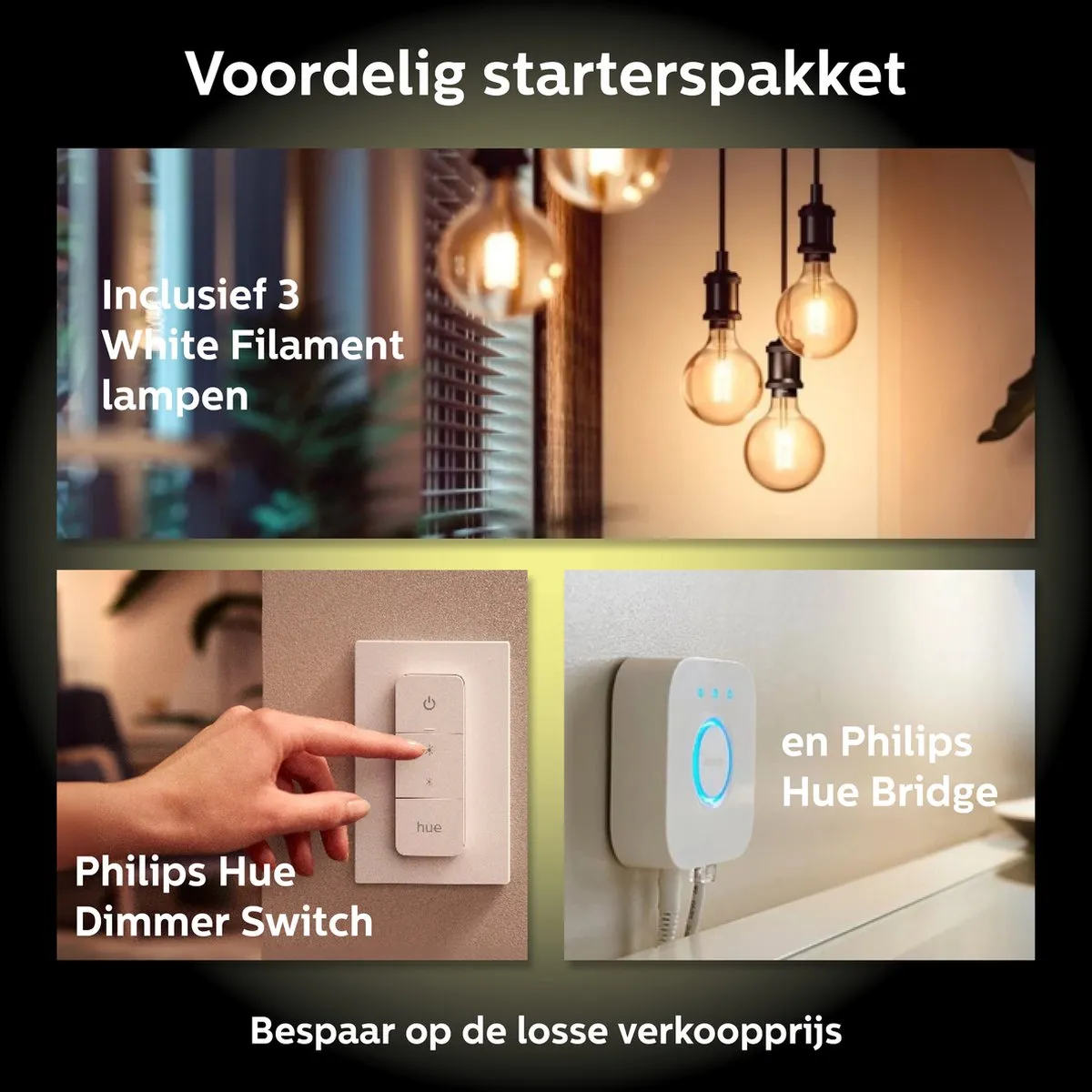 Philips Hue Starterspakket E27 - 3x Filamentlampen Warm Koelwit - Incl. Bridge & Dimmer Switch - Goud