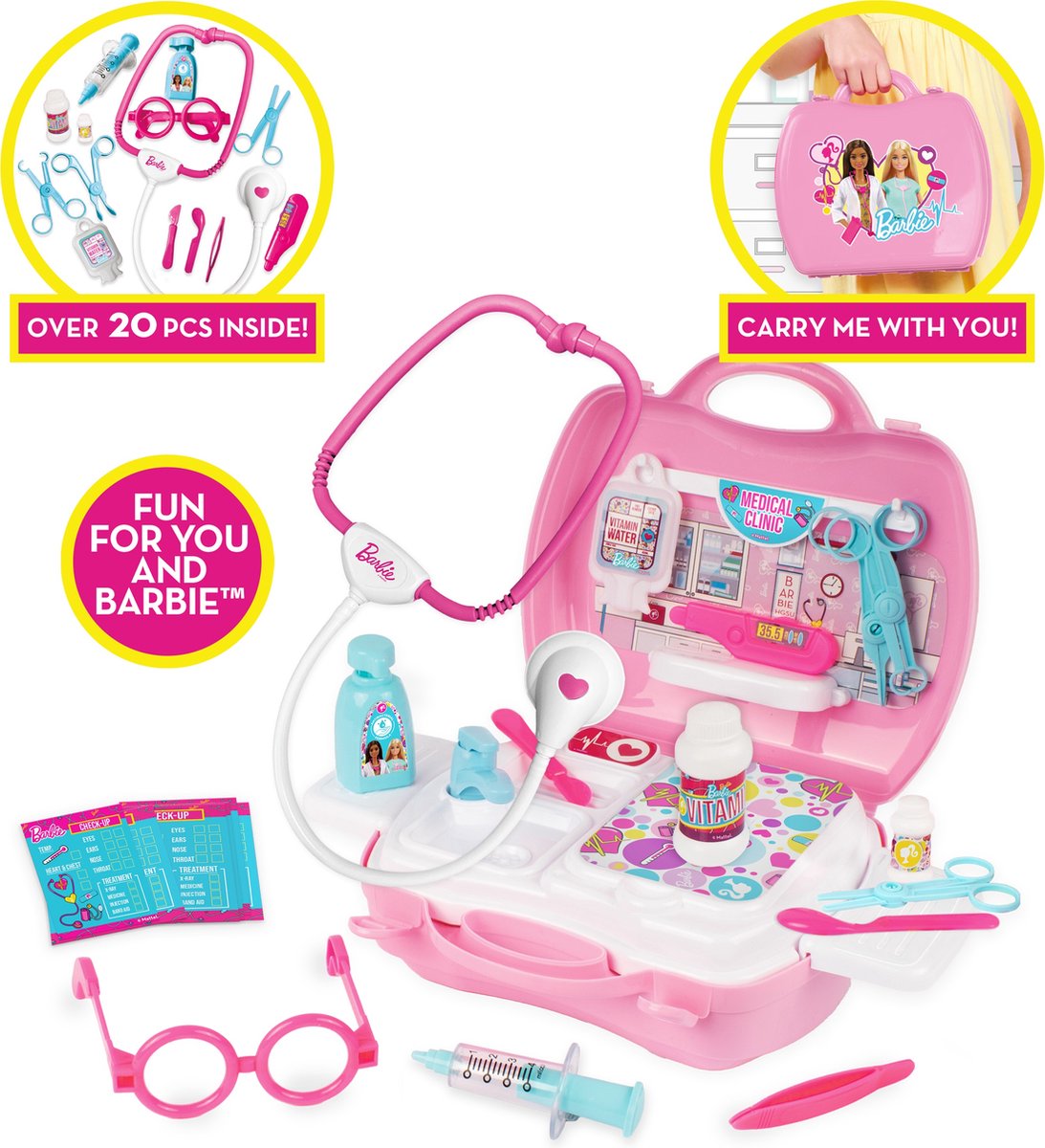 Barbie Deluxe 20 Delig Doktersset Speelset - Barbiepop Speelgoedoktersset - Dokterskoffer Speelfigurenset - Leeftijd 3+