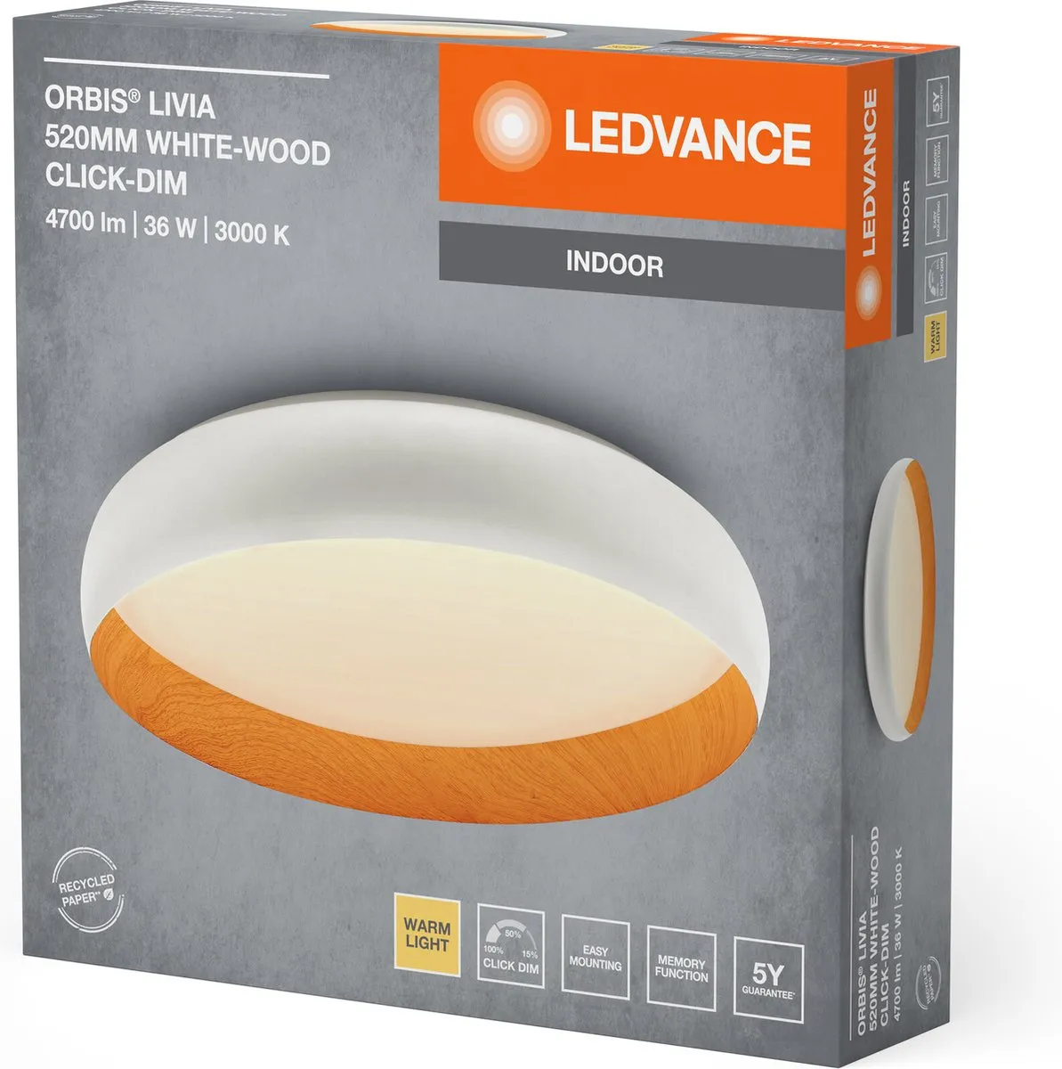 LEDVANCE Orbis Livia Plafondlamp 36W 2000lm - 520mm Wit/Houtdecor