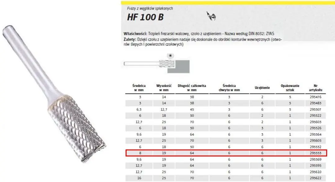 Klingspor HF 100 B Cilindrische Frees 8,0x19mm Carbide