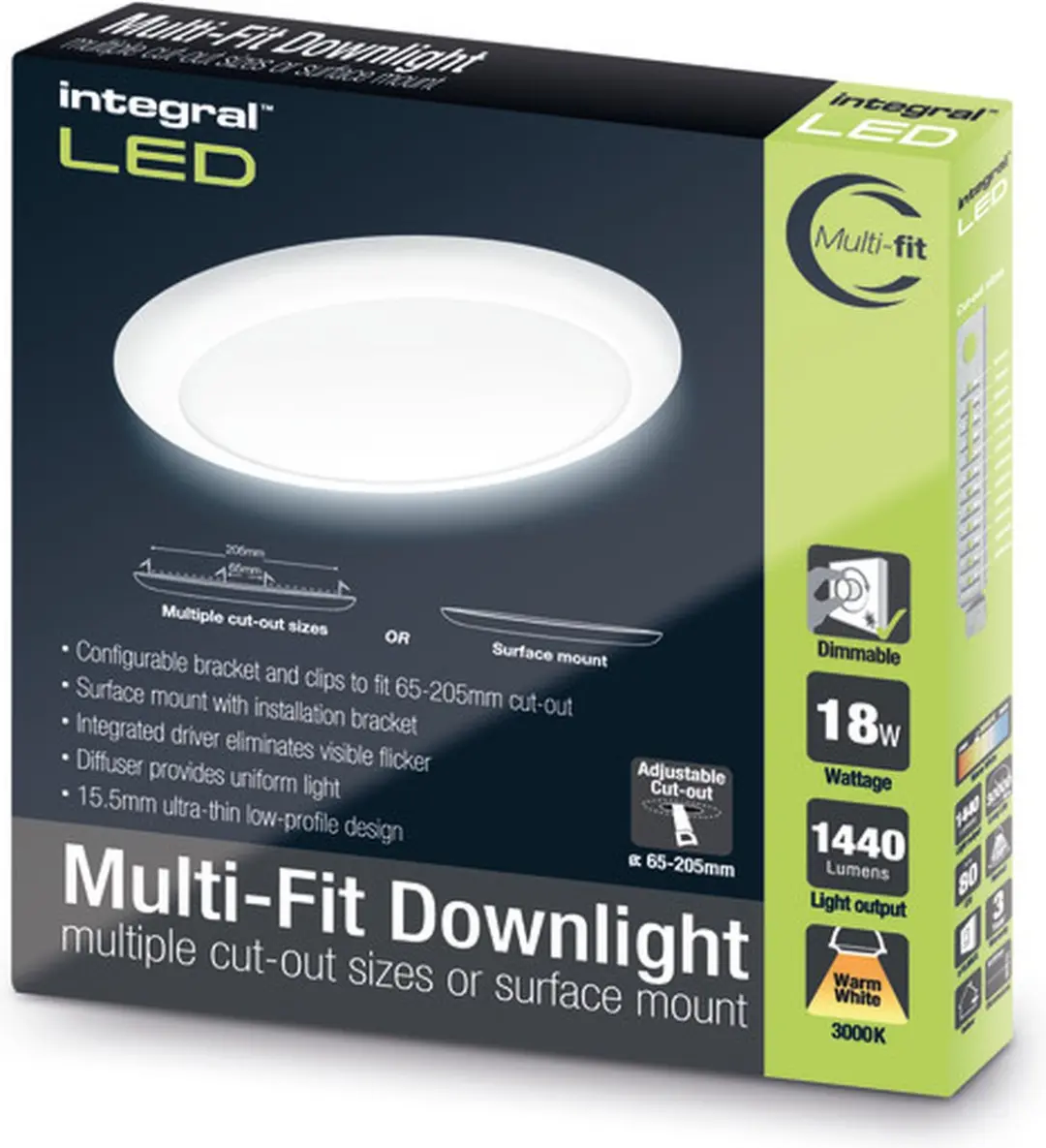 Integral LED Inbouw/Opbouw Downlight 18W 1440lm 3000K - 23cm