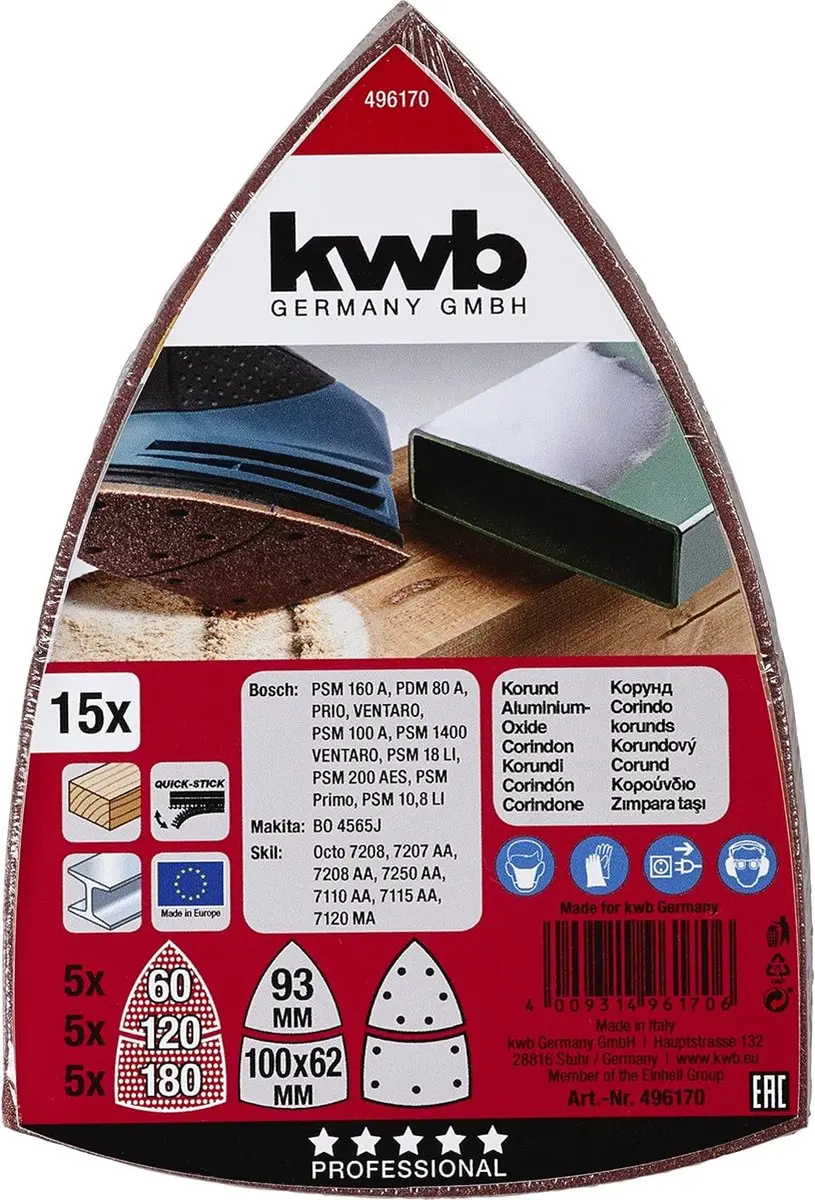 KWB Schuurdriehoek voor Delta/Multischuurmachines - Metaal/Hout/Verf - 12 Stuks (4x K-60/K-120/K-180)