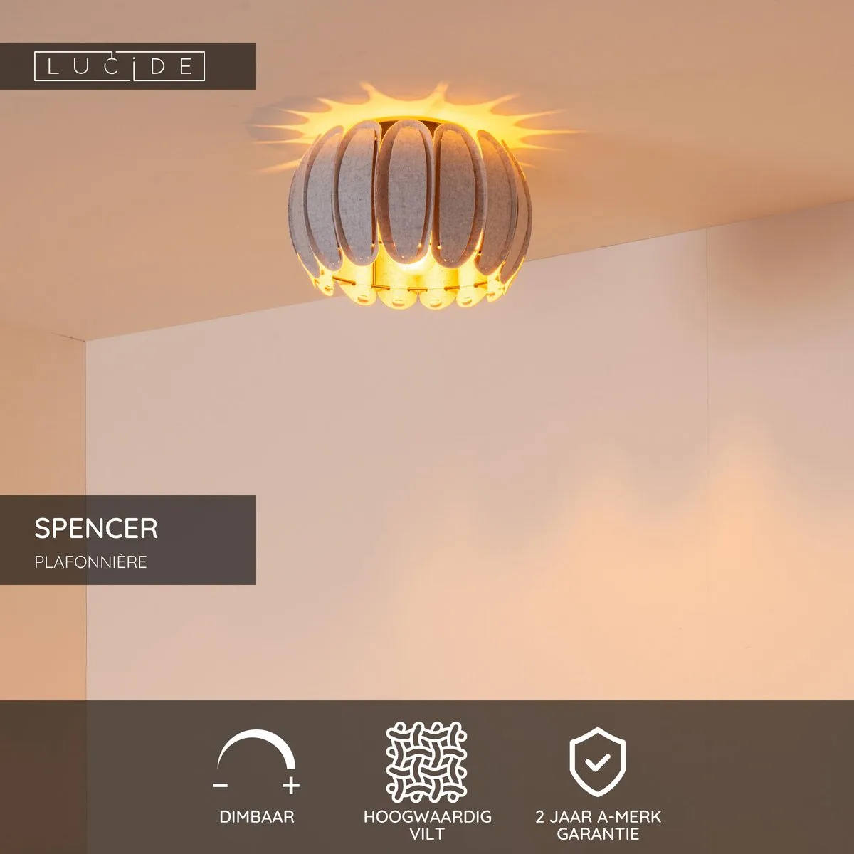 Lucide Spencer Plafondlamp Ø30cm Grijs - 1xE27