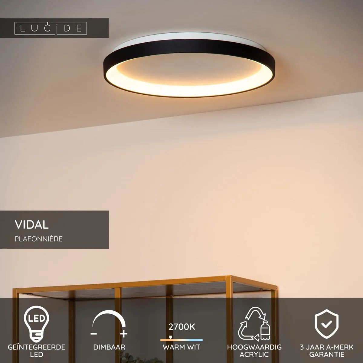 Lucide VIDAL Plafondlamp Ø48cm - LED 38W 2700K Zwart