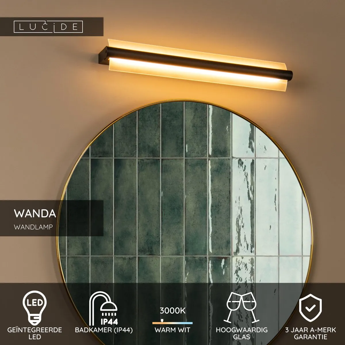 Lucide Wanda Wandlamp Badkamer 19W 3000K IP44 - Zwart