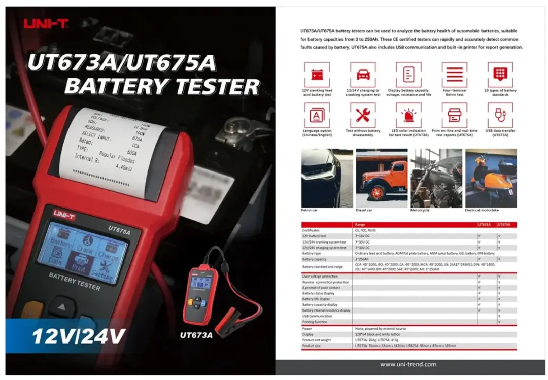 UNI-T UT673A Accutester 12V/24V - CCA 40-2000 - Rood