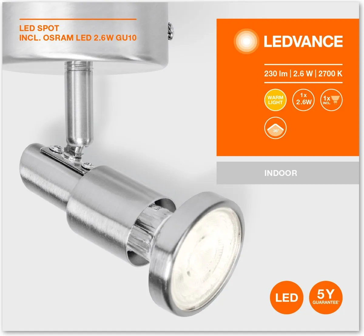 Ledvance LED Spot GU10 2.6W - 2700K - Zilver