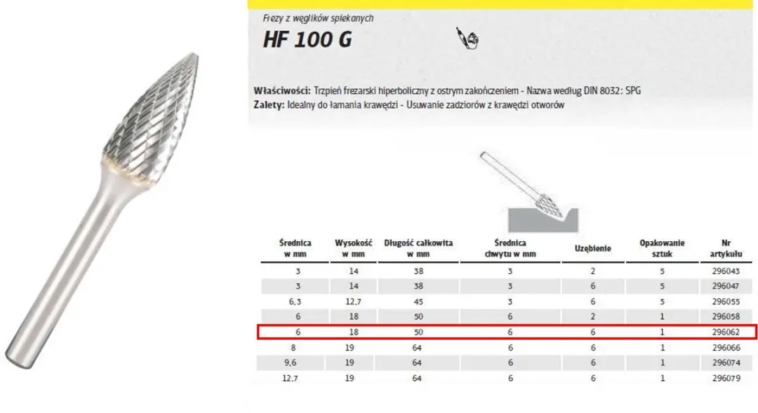 Klingspor HF 100 G Hyperbolische Frees Ø6x18mm - 6mm Stift