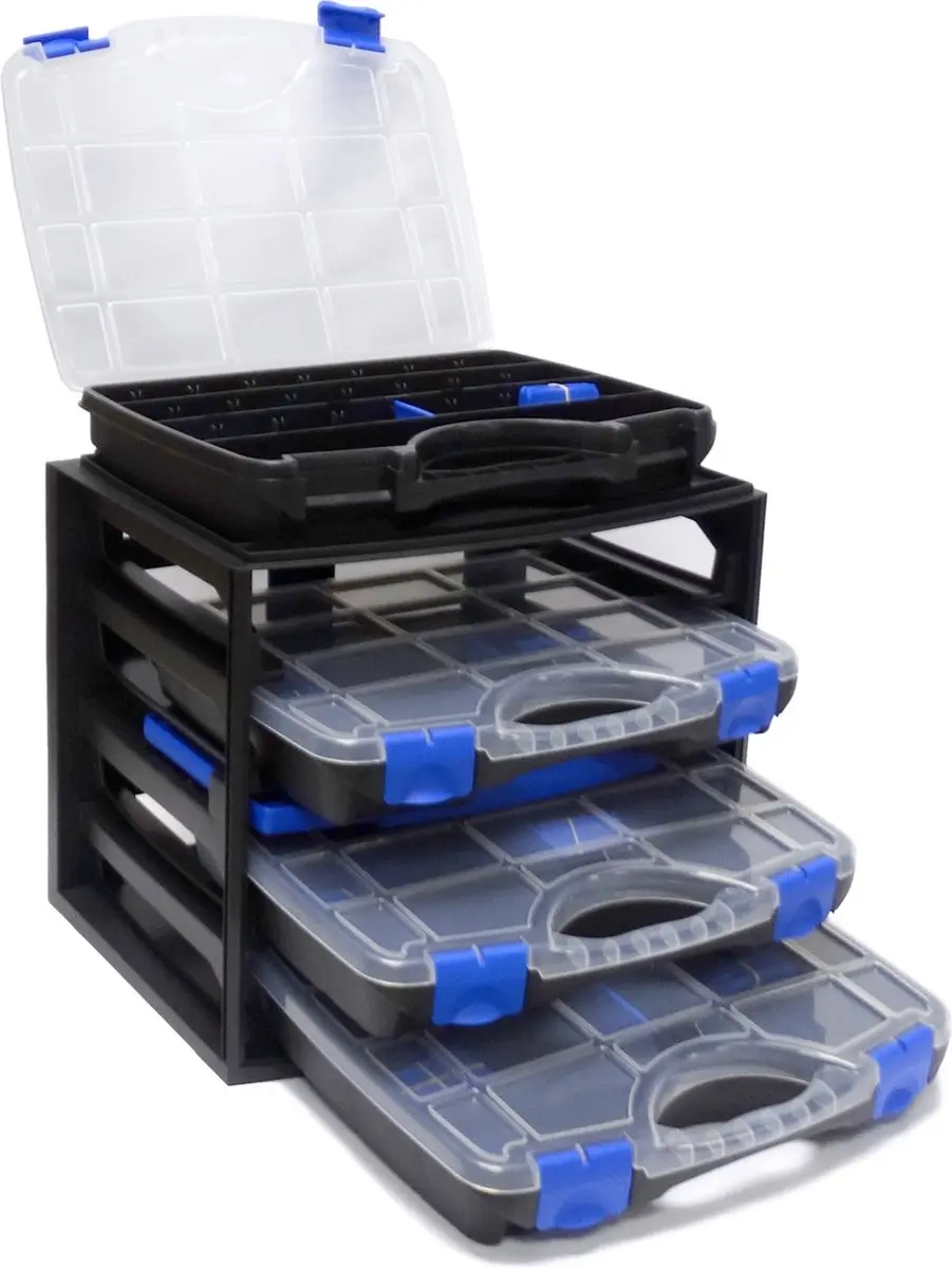 TAYG Sorteerdoos 21 Bakjes - 388x290x61mm - Zwart/Blauw/Transparant