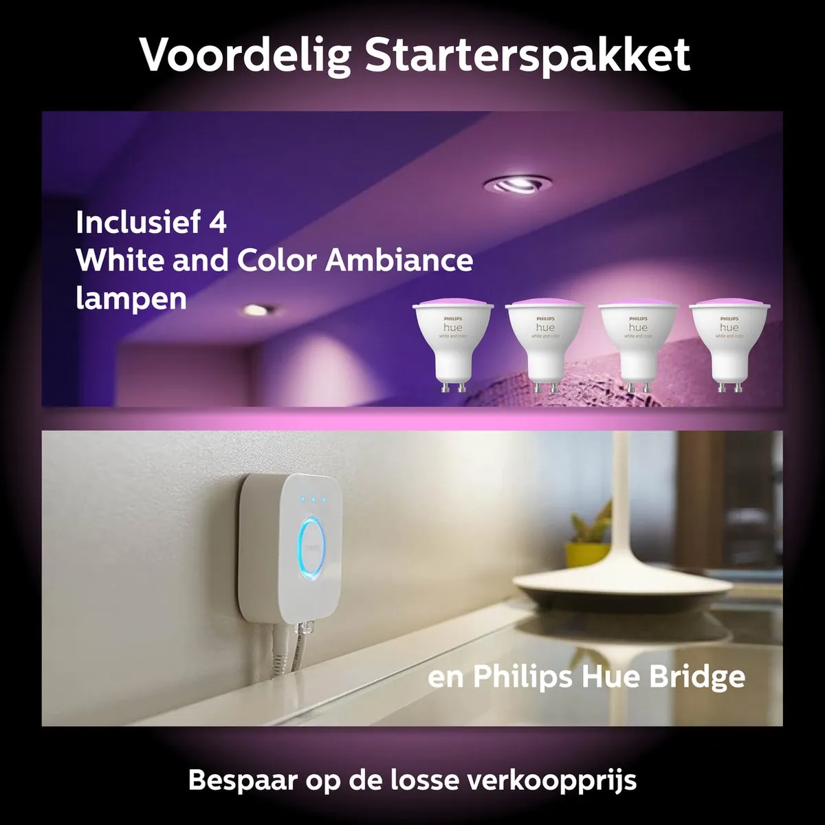 Philips Hue Starterspakket GU10 - 4 Spotjes Wit/Kleur - Bridge Incl.