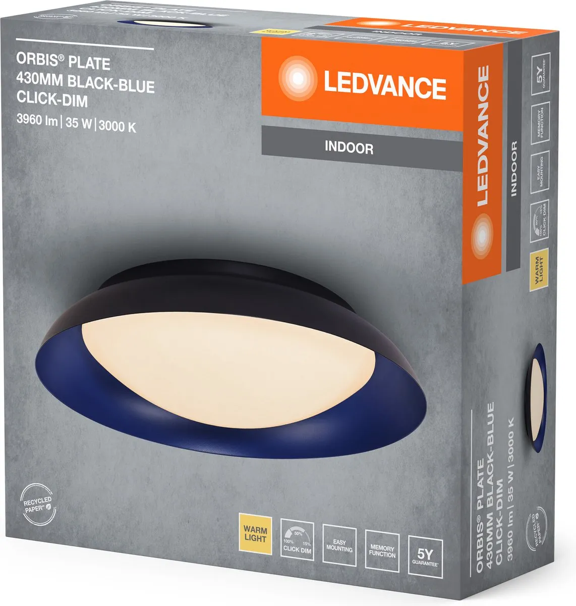 LEDVANCE Orbis Plate LED Plafondlamp 35W 1700lm - 430mm Zwart/Blauw