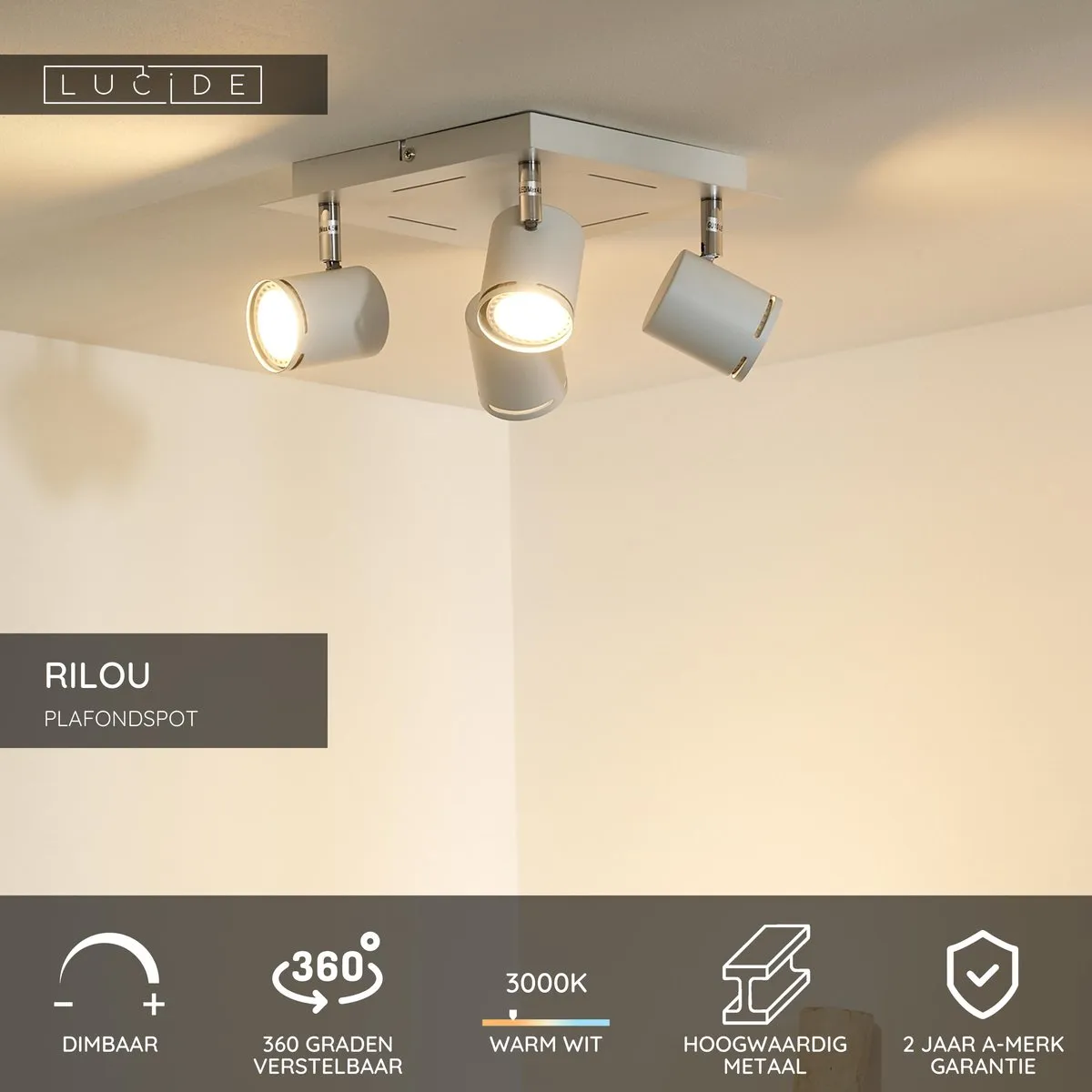 Lucide Rilou Plafondspot LED 4x5W 3000K - Wit