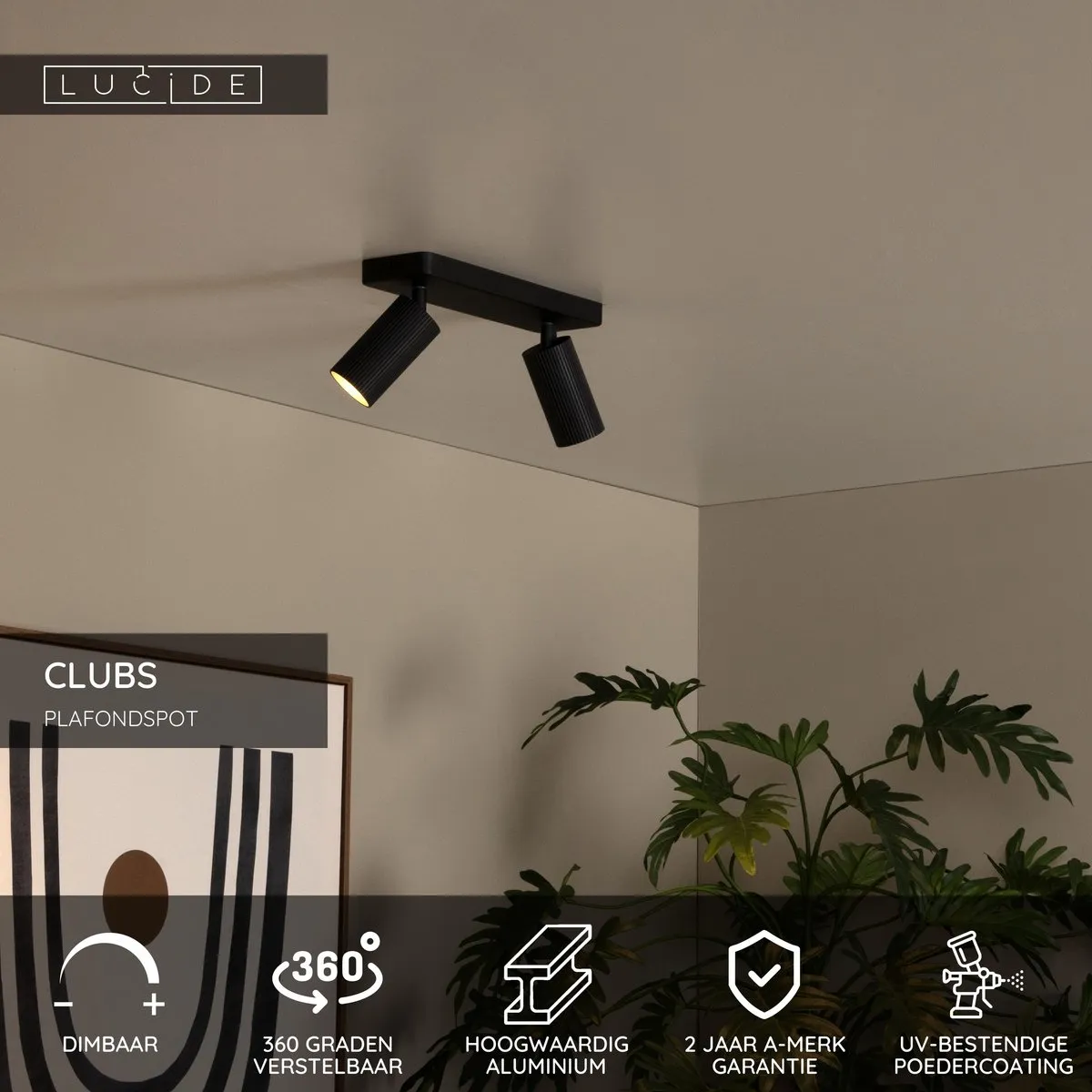 Lucide CLUBS Plafondspot 2xGU10 - Zwart